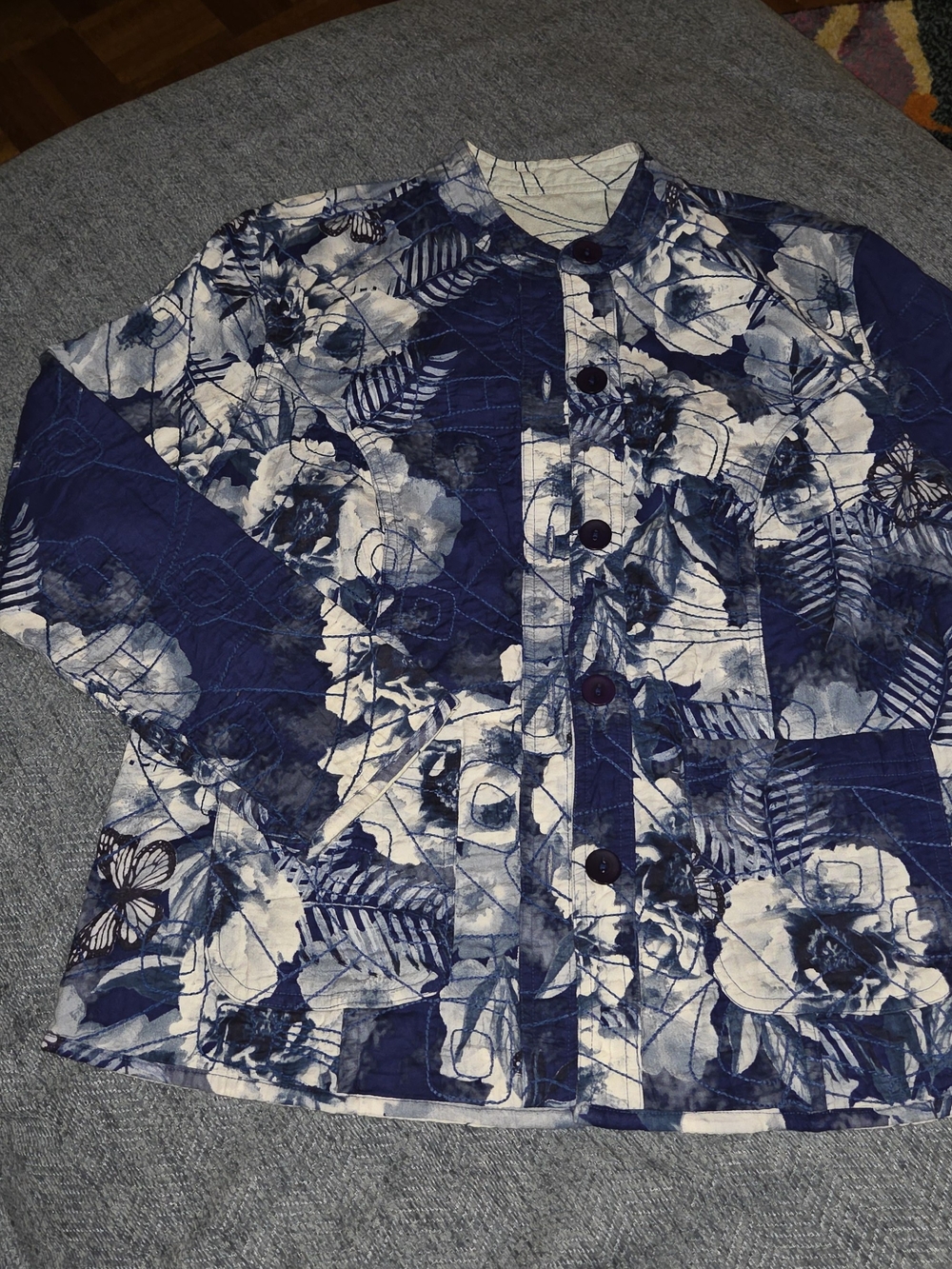 Quilted Floral Print Button-Front Jacket - Blue/White